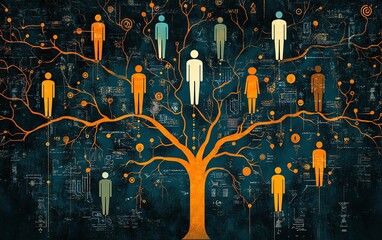 Poster - Digital network concept with orange and white human icons connected by glowing circuit lines on a dark blue background