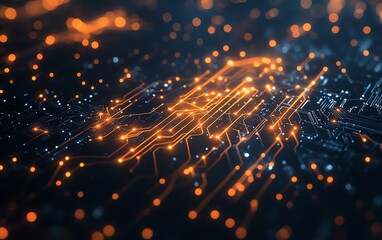 Poster - Glowing circuit lines connecting orange and white human icons on a dark blue background, symbolizing digital connectivity and global communication, sharp focus, hightech design