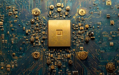 Aufkleber - Gold microprocessor embedded in a blue circuit board, intricate connection patterns symbolizing the future of technology and innovation, highly detailed and sharp