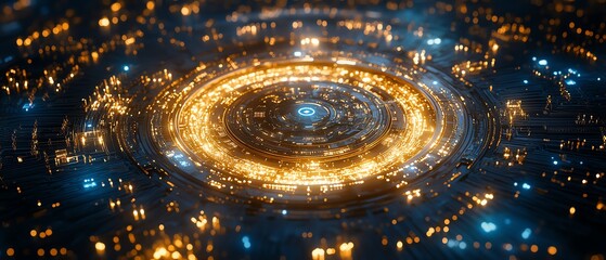 Poster - Gold processor surrounded by intricate blue circuit board connections, symbolizing innovation and the evolution of technology, photorealistic, vibrant lighting