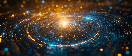 Poster - Gold processor surrounded by intricate blue circuit board connections, symbolizing innovation and the evolution of technology, photorealistic, vibrant lighting