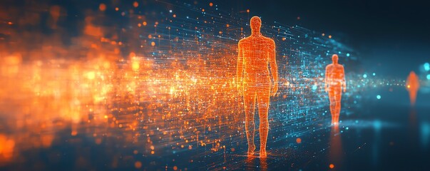 Poster - Human icons in orange and white linked by glowing circuits on a dark blue background, representing connectivity, data flow, and digital transformation, photorealistic lighting