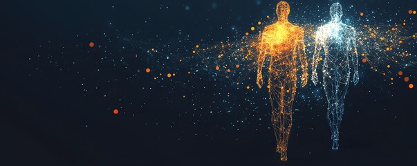 Leinwandbilder - Human icons in orange and white linked by glowing circuits on a dark blue background, representing connectivity, data flow, and digital transformation, photorealistic lighting