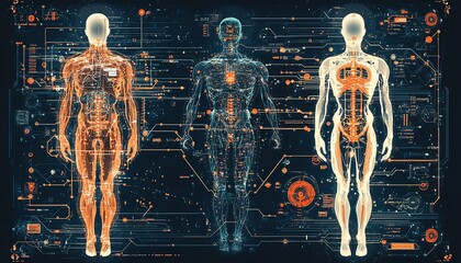 Poster - Orange and white human icons connected by glowing circuit pathways, set against a dark blue background, showcasing digital connectivity and innovation, ultradetailed and futuristic