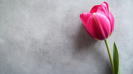 A single bright fuchsia tulip isolated against a light stone grey background, close-up shot, Minimalist style