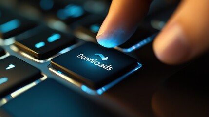 Finger pressing glowing Downloads button on a keyboard.