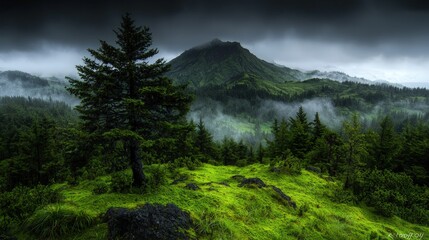 Sticker - Majestic mountain peak shrouded in mist, a lone pine tree stands on a lush green hillside.