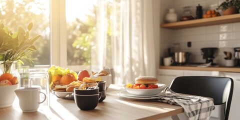 Wall Mural - Modern interior featuring a black chair beside a wooden dining table, elegantly set with breakfast food, highlighting the stylish black chair in a bright and inviting space.