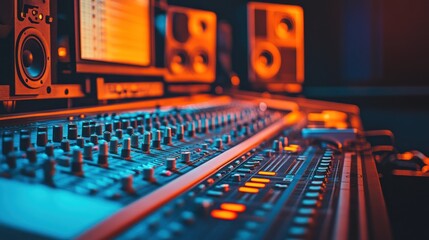 Fototapete - Audio mixing console and monitors in a dark recording studio.