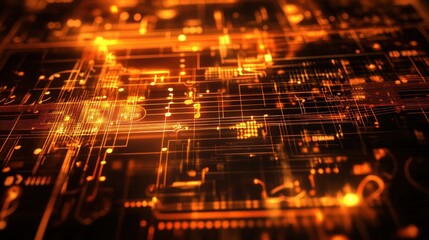 Aufkleber - Abstract orange circuit board glowing with lines and connections.