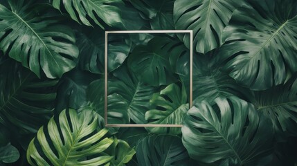 Wall Mural - Lush green leaves encircle a square metal frame, creating a unique focal point in a tropical environment filled with dense foliage