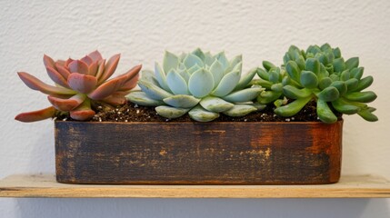 Wall Mural - Three vibrant succulents are displayed in handmade wooden pots, adding charm and greenery to a minimalist shelf setting