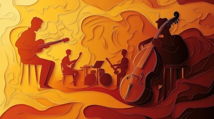 Poster - Cut paper jazz band performance in warm orange tones.