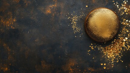 Aufkleber - Golden disc with glitter on a dark textured background.