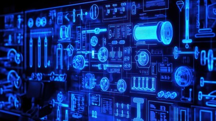 Aufkleber - Blue digital interface with diagrams and icons.