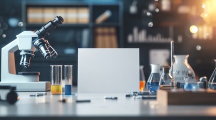 Leinwandbilder - Lab with microscope, beakers, and empty card.