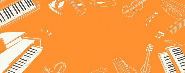 Poster - Orange musical instrument background with sketched string, wind, and keyboard items.
