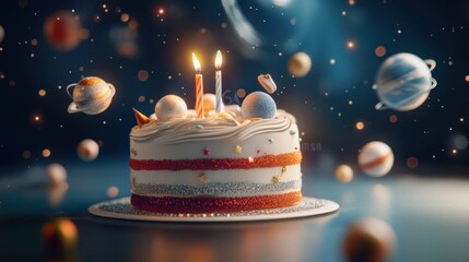 Poster - A birthday cake with candles and planets floating.