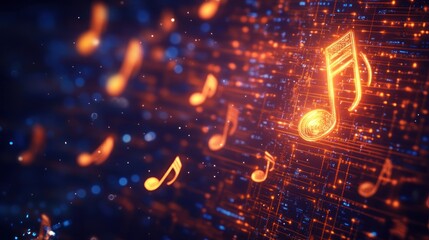 Fototapete - Digital music notes glow on abstract circuit background.