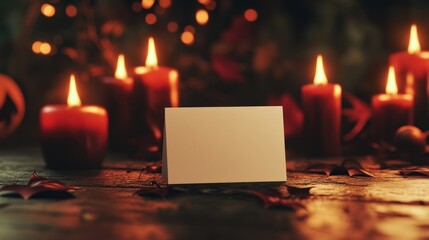 Fototapete - Spooky card on wood with lit candles.