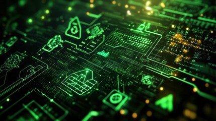 Aufkleber - Glowing green digital interface, detailed icons.