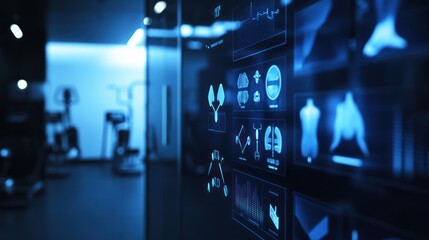 Fototapete - Blue medical health data display, gym in the background.