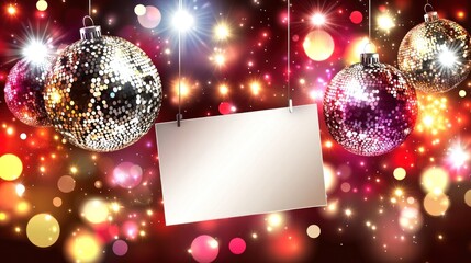Fototapete - Disco balls, bokeh lights, and empty white card hanging.