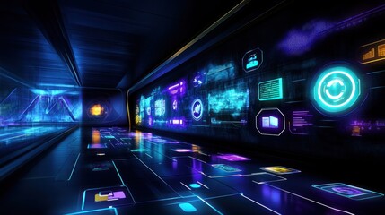 Aufkleber - Futuristic corridor with digital displays and glowing accents.