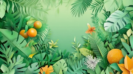 Wall Mural - Paper cut leaves, fruit, flowers.