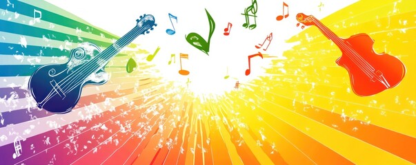 Fototapete - Guitars, music notes exploding with color, rays.