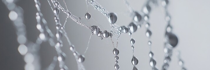 Dew drops on spiderweb close-up.