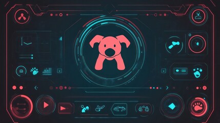 Fototapete - Pet interface with red dog, paw, bone icons on dark futuristic panel.