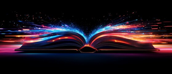 Canvas Print - Open book with dynamic light trails radiating outward, symbolizing the speed and expansion of knowledge, futuristic and abstract style, vibrant colors, hightech design