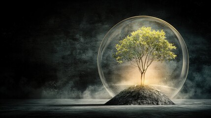 Canvas Print - Protected tree in a glass dome, dark background.