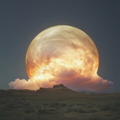 giant fiery moon rising over desert landscape at twilight.