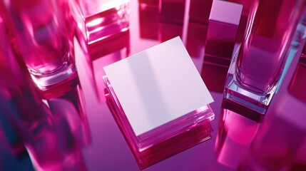 Leinwandbilder - Pink glass cubes and plates arranged on reflective surface.
