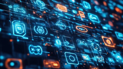 Aufkleber - Tech display with interface icons in blue and orange hues.