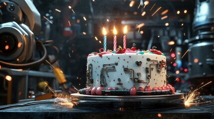 Poster - Birthday cake with sparks amidst industrial machinery.