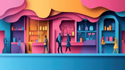 Fototapete - People walk inside a colorful shop with stylized paper art layers.
