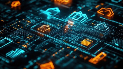 Leinwandbilder - Glowing circuit board with house icons, abstract.
