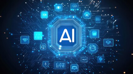 Leinwandbilder - AI chip center, icons connecting in circuit board.