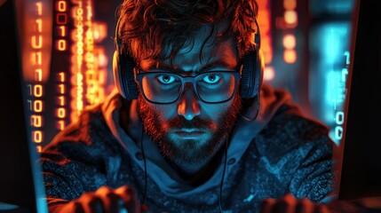 Focused male programmer with glasses immersed in coding, illuminated by glowing digital data and binary numbers, emphasizing technology and innovation in a dark environment