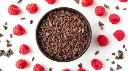 Sticker - Chocolate shavings in bowl with raspberries scattered around on white backdrop.