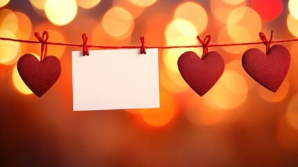 Fototapete - Three hearts, card hung on string against bokeh lights.
