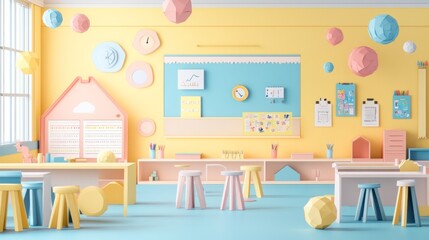 Aufkleber - Playful classroom with colorful decorations and furniture.