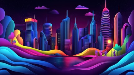 Poster - Vibrant stylized cityscape at night with silhouetted figures and colorful layers.