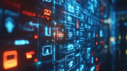 Fototapete - Digital interface, lit, red, blue, icons, data flow.