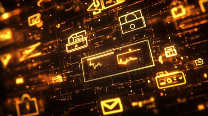 Fototapete - Orange digital data grid, icons, and line graphs.