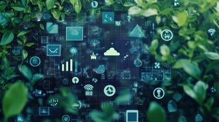 Leinwandbilder - Green leaves frame floating tech icons.
