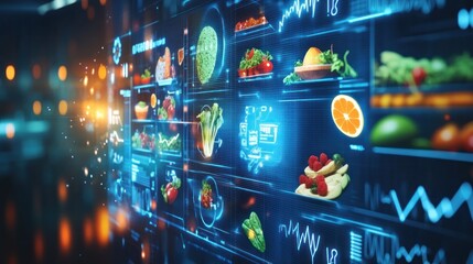 Fototapete - Glowing interface displays food data with graphics.